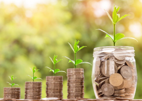 Money growing from coin jars